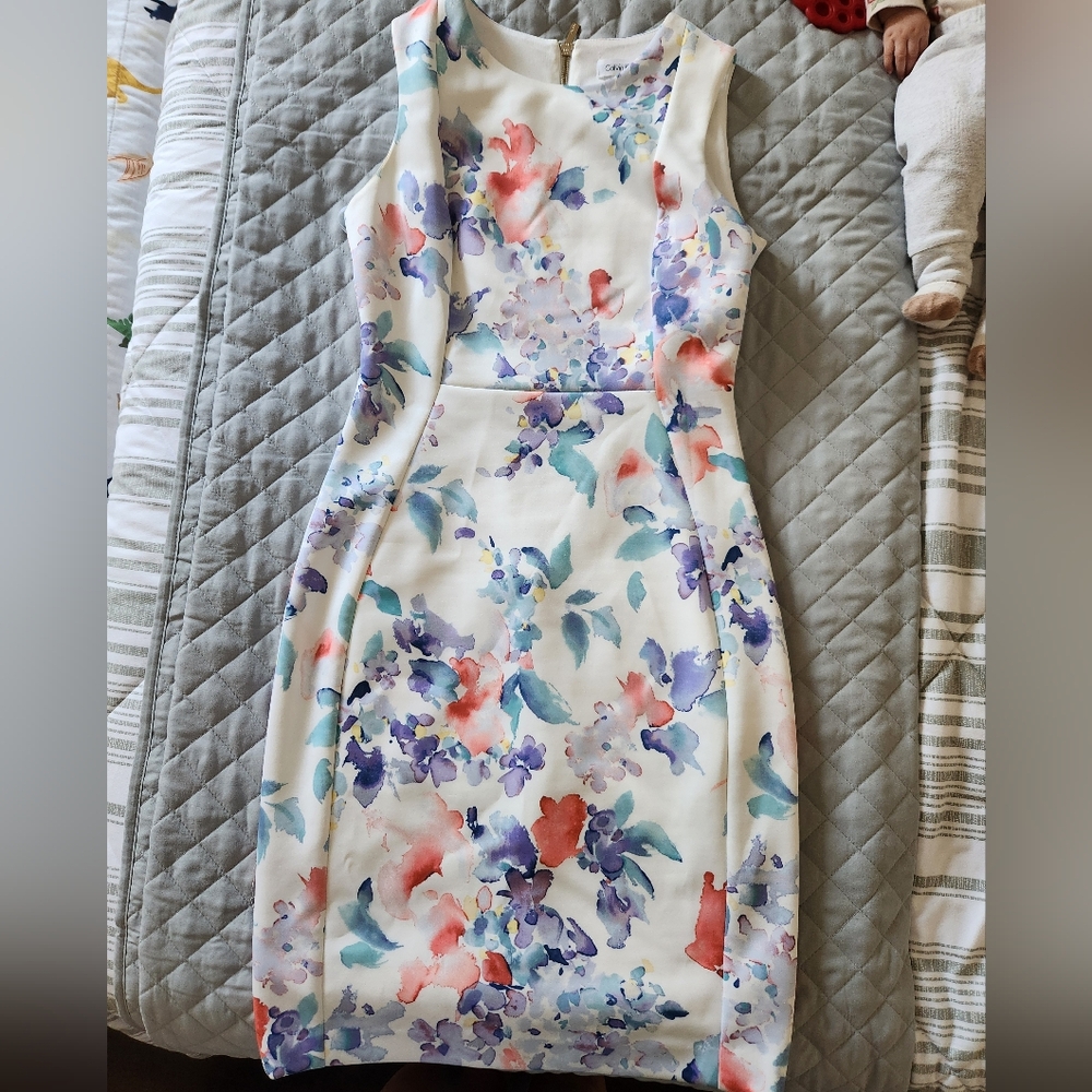 Calvin Klein Pink and Blue Sheath Midi Dress